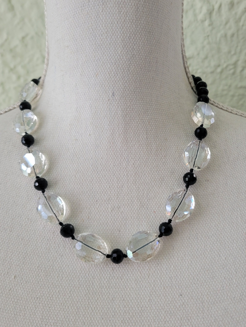 Vintage 80s Art Deco Style Necklace Clear Black Glass Faceted Beads Knotted 19"
